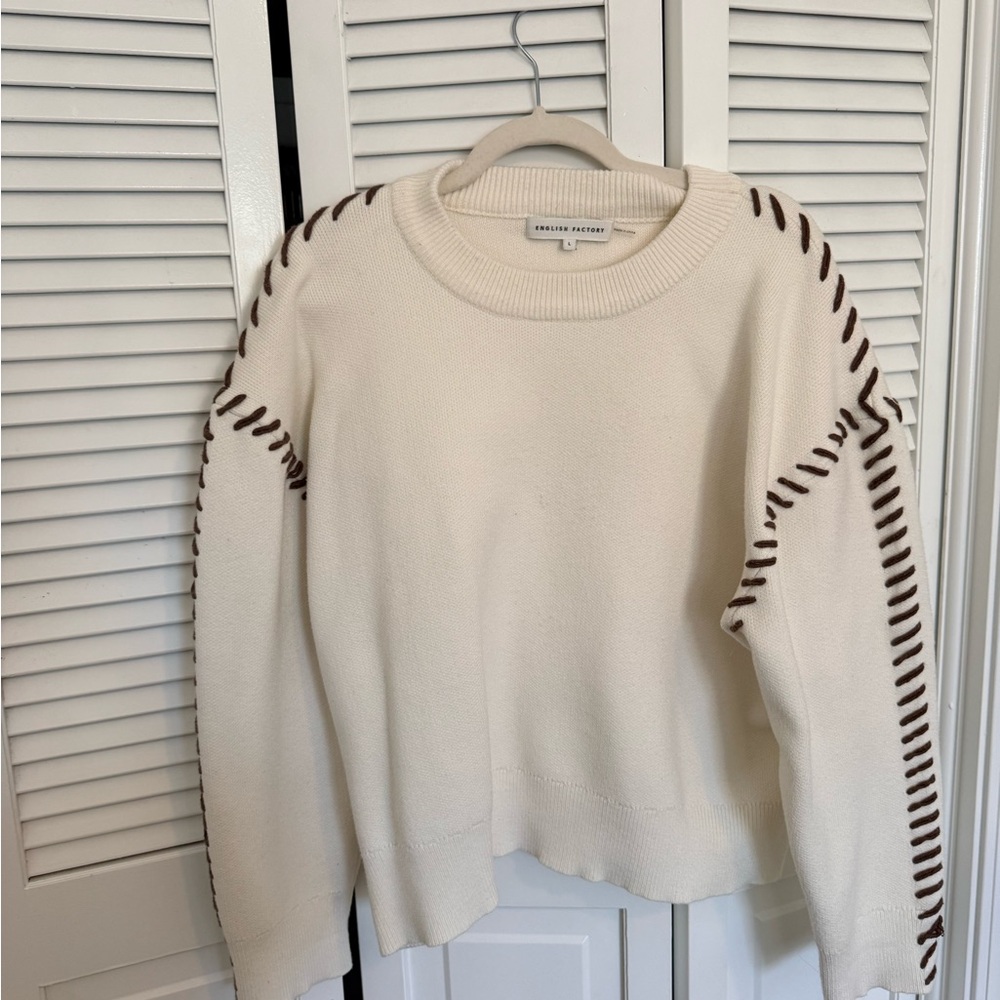 English Factory Anthropologie Cream Sweater with Brown Accents